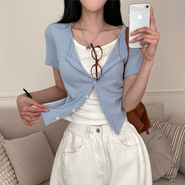 론지 옆셔링 골지 반팔 일체형 반팔 가디건 티셔츠 소라