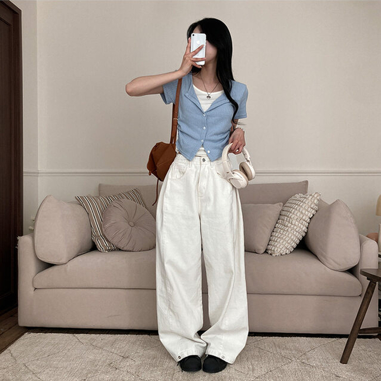 론지 옆셔링 골지 반팔 일체형 반팔 가디건 티셔츠 소라