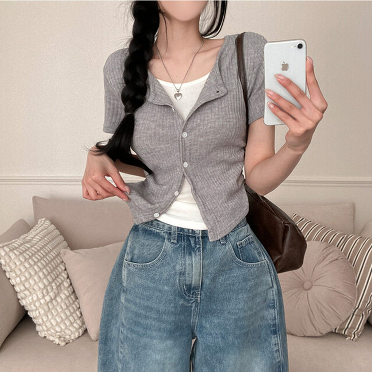 론지 옆셔링 골지 반팔 일체형 반팔 가디건 티셔츠 그레이