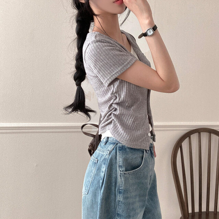 론지 옆셔링 골지 반팔 일체형 반팔 가디건 티셔츠 그레이