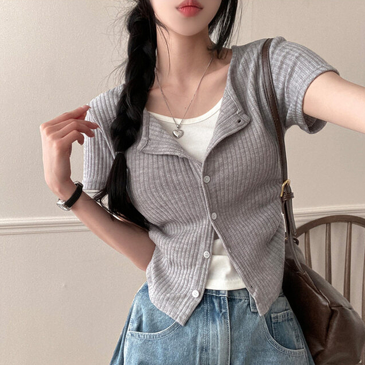 론지 옆셔링 골지 반팔 일체형 반팔 가디건 티셔츠 그레이