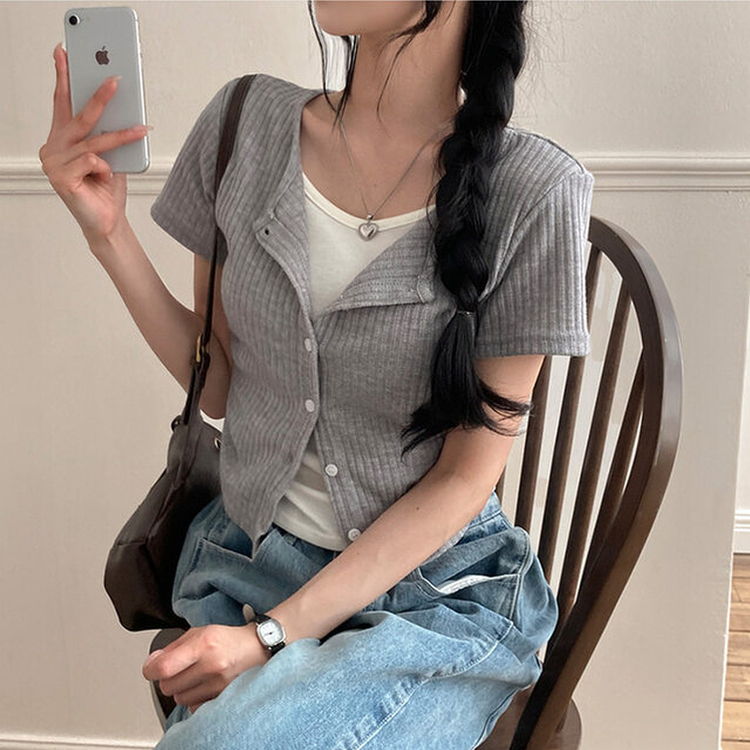 론지 옆셔링 골지 반팔 일체형 반팔 가디건 티셔츠 그레이