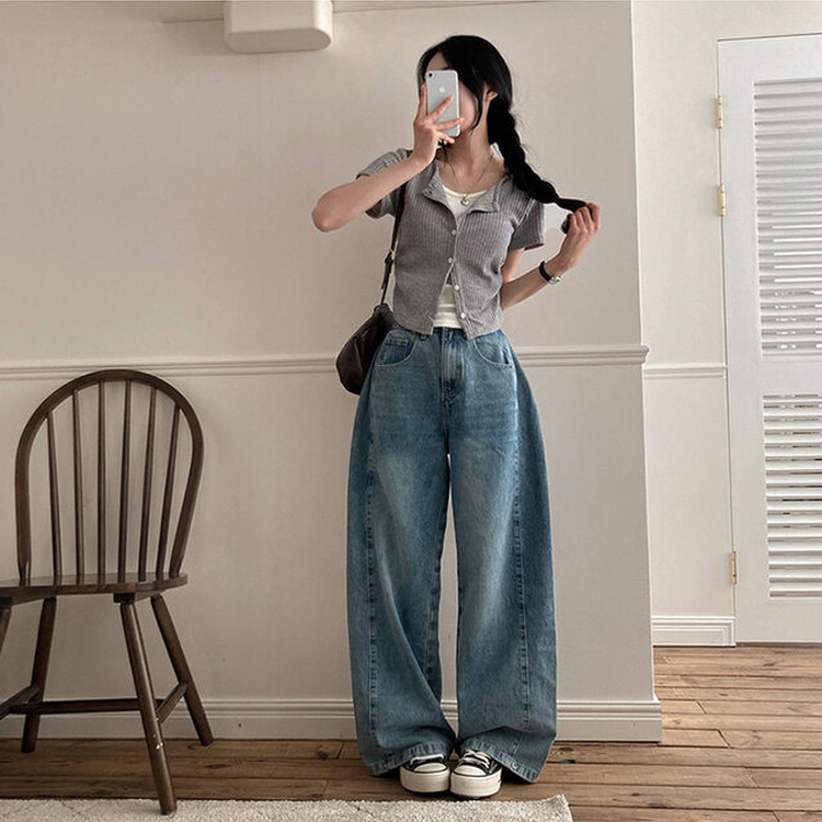 론지 옆셔링 골지 반팔 일체형 반팔 가디건 티셔츠 그레이