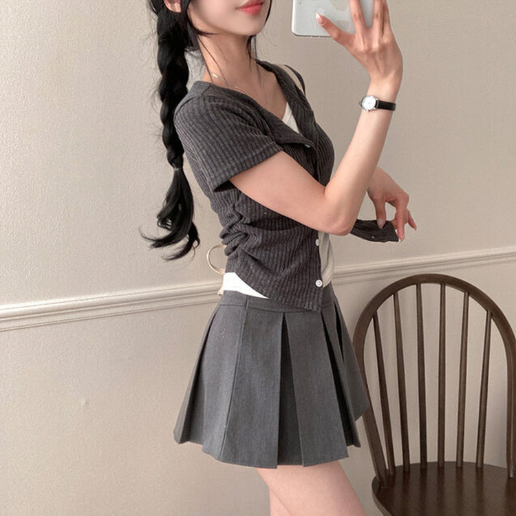 론지 옆셔링 골지 반팔 일체형 반팔 가디건 티셔츠 차콜