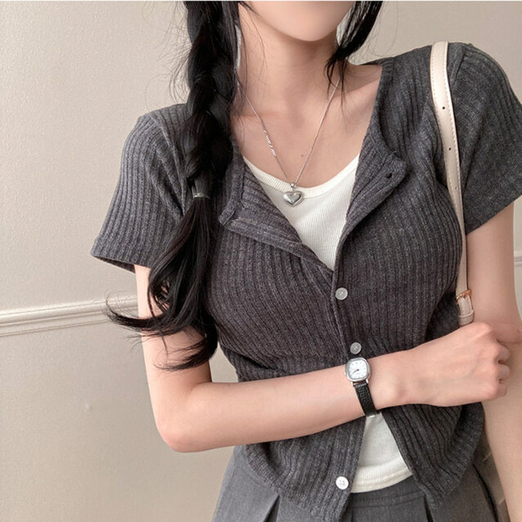 론지 옆셔링 골지 반팔 일체형 반팔 가디건 티셔츠 차콜