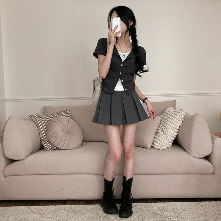 론지 옆셔링 골지 반팔 일체형 반팔 가디건 티셔츠 차콜