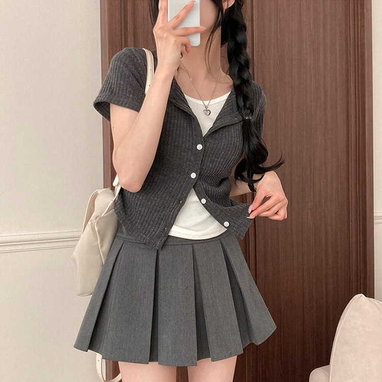 론지 옆셔링 골지 반팔 일체형 반팔 가디건 티셔츠 차콜