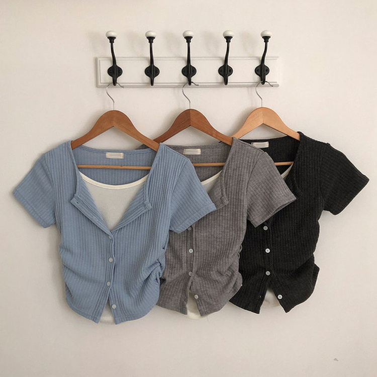 론지 옆셔링 골지 반팔 일체형 반팔 가디건 티셔츠