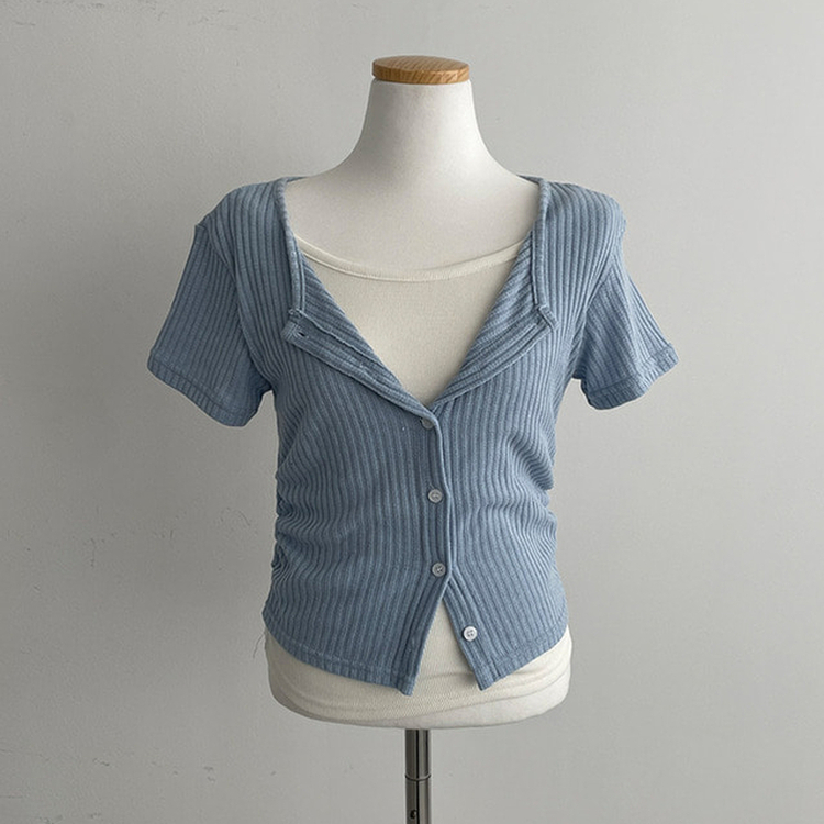 론지 옆셔링 골지 반팔 일체형 반팔 가디건 티셔츠