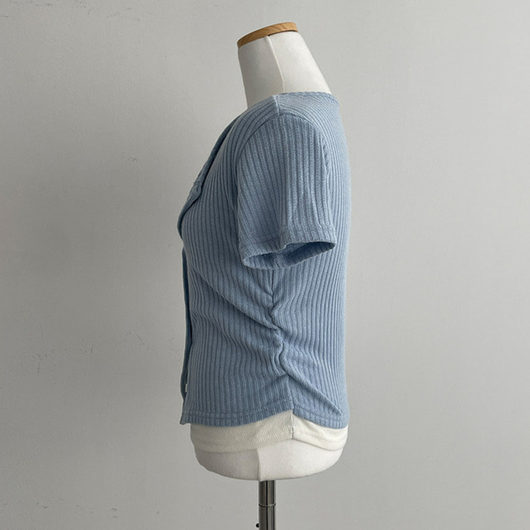 론지 옆셔링 골지 반팔 일체형 반팔 가디건 티셔츠