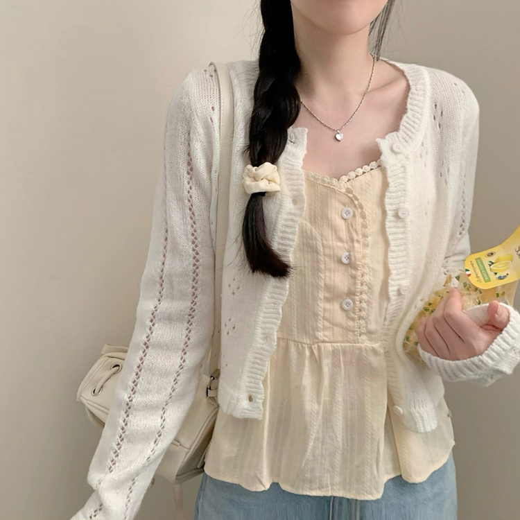 여리여리 봄꽃 펀칭 아일렛 긴팔 니트 가디건 벚꽃 청순 봄옷 아이보리