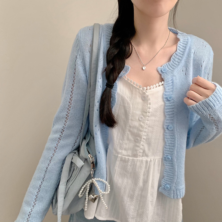 여리여리 봄꽃 펀칭 아일렛 긴팔 니트 가디건 벚꽃 청순 봄옷 소라