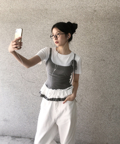 半袖Tシャツ フリルレイヤードスリーブレス半袖Tシャツ WHITE
