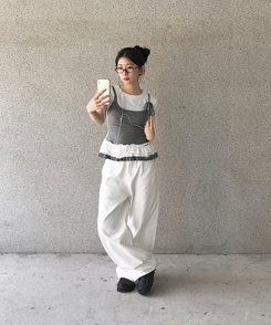 半袖Tシャツ フリルレイヤードスリーブレス半袖Tシャツ WHITE