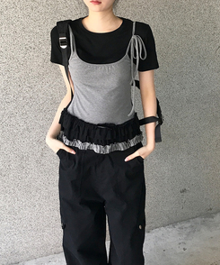 半袖Tシャツ フリルレイヤードスリーブレス半袖Tシャツ BLACK