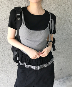 半袖Tシャツ フリルレイヤードスリーブレス半袖Tシャツ BLACK