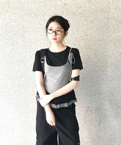 半袖Tシャツ フリルレイヤードスリーブレス半袖Tシャツ BLACK