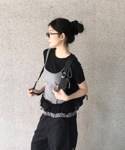 半袖Tシャツ フリルレイヤードスリーブレス半袖Tシャツ BLACK
