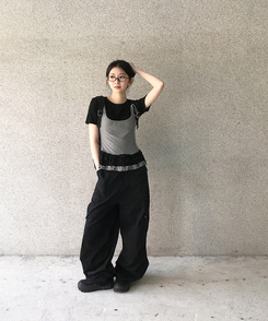半袖Tシャツ フリルレイヤードスリーブレス半袖Tシャツ BLACK