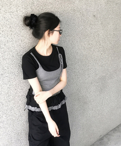 半袖Tシャツ フリルレイヤードスリーブレス半袖Tシャツ BLACK