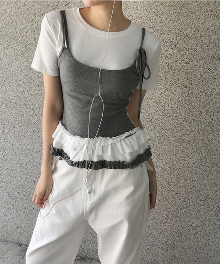 フリルレイヤードスリーブレス半袖Tシャツ WHITE