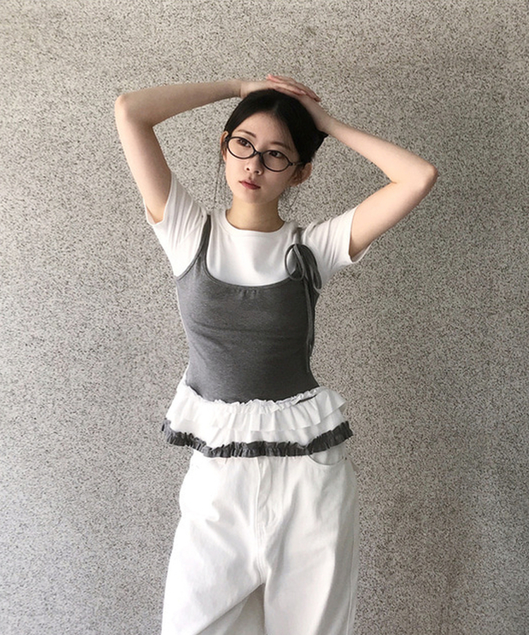 フリルレイヤードスリーブレス半袖Tシャツ WHITE