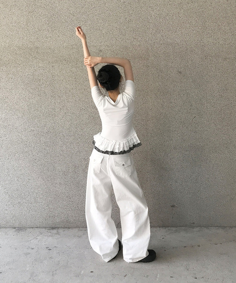 フリルレイヤードスリーブレス半袖Tシャツ WHITE