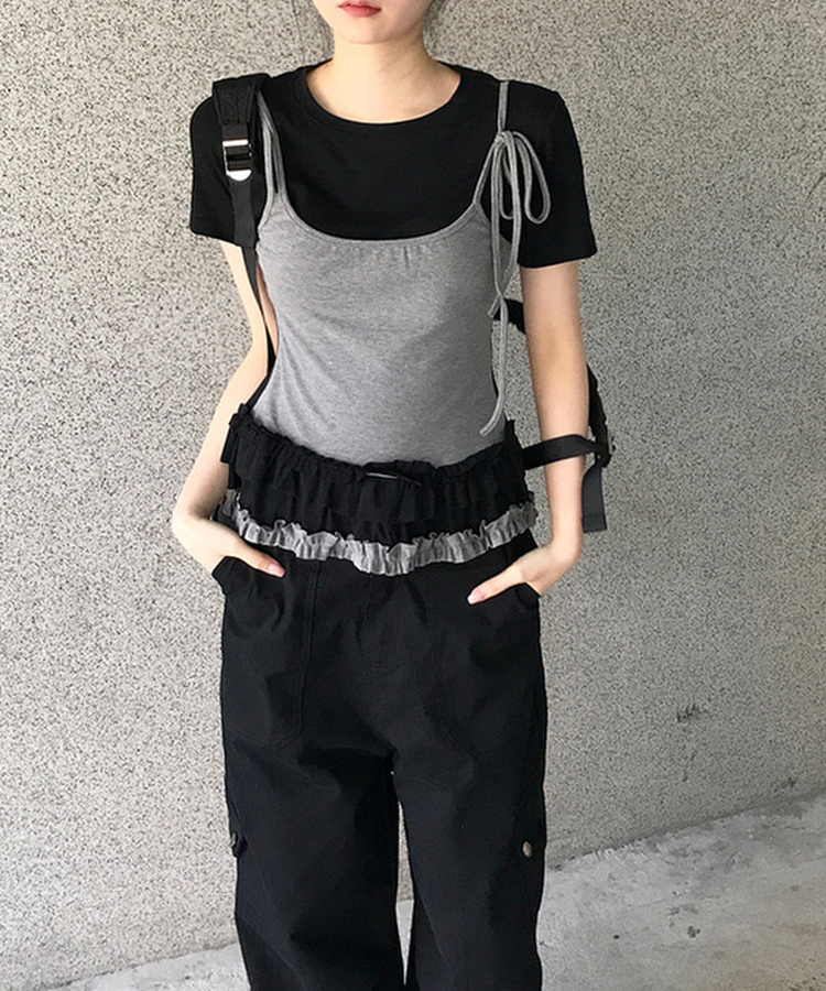 フリルレイヤードスリーブレス半袖Tシャツ BLACK