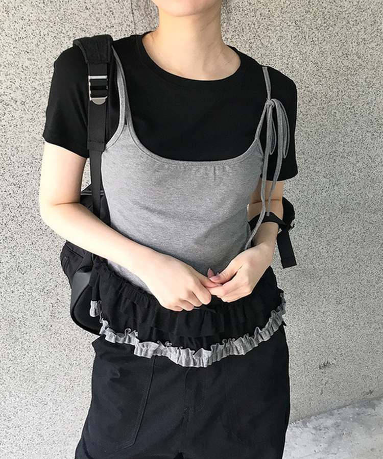 フリルレイヤードスリーブレス半袖Tシャツ BLACK