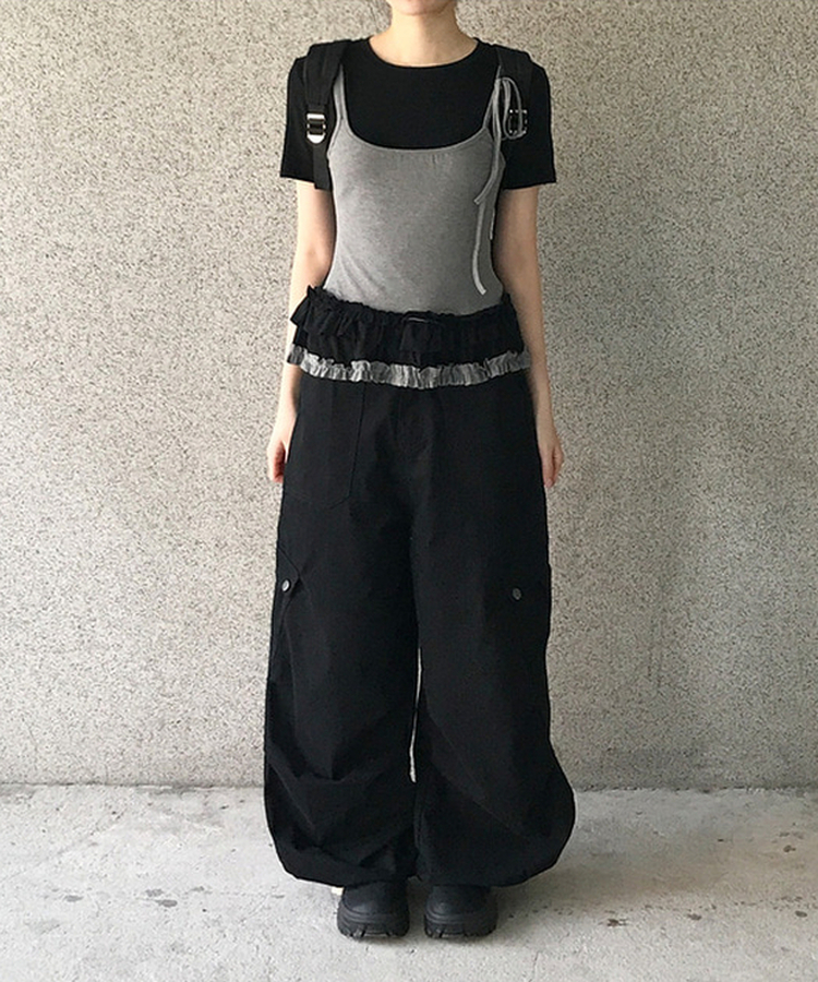フリルレイヤードスリーブレス半袖Tシャツ BLACK