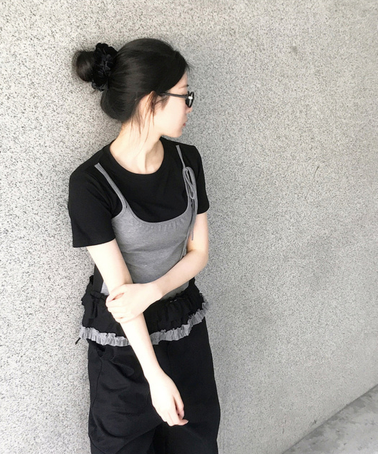 フリルレイヤードスリーブレス半袖Tシャツ BLACK
