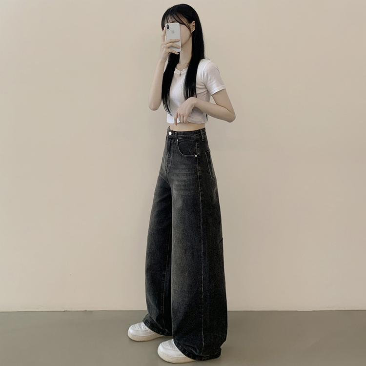 정핏 와이드 빈티지 캣브러쉬 워싱 속밴딩 와이드 데님팬츠 빅사이즈 키큰녀 키작녀 그레이