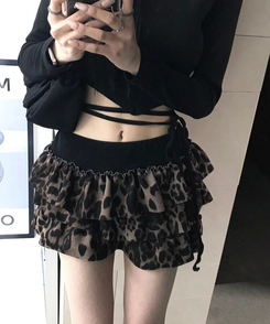 ミニスカート ヒョウ柄ティアードスカート BEIGE