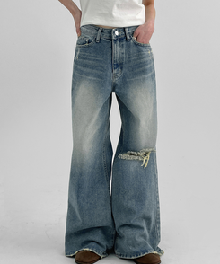 デニム ダメージワイドブーツカットデニムパンツ LIGHT BLUE