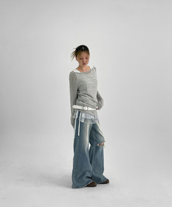 デニム ダメージワイドブーツカットデニムパンツ LIGHT BLUE