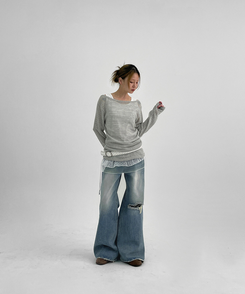 デニム ダメージワイドブーツカットデニムパンツ LIGHT BLUE