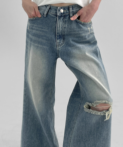 デニム ダメージワイドブーツカットデニムパンツ LIGHT BLUE