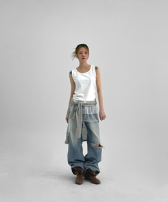 デニム ダメージワイドブーツカットデニムパンツ LIGHT BLUE