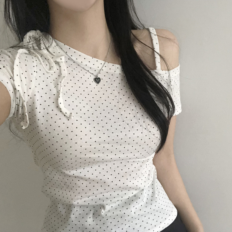 [핏보장!러블리]도트 땡땡이 원 오프숄더 어깨끈 리본 초커끈 반팔티 3color 아이보리
