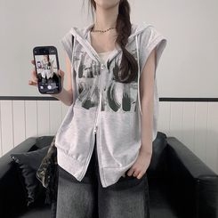 プリンティングフードジップアップベスト MELANGE WHITE