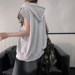 プリンティングフードジップアップベスト MELANGE WHITE