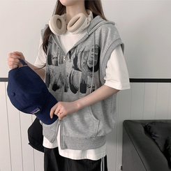 プリンティングフードジップアップベスト GREY