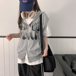 プリンティングフードジップアップベスト GREY