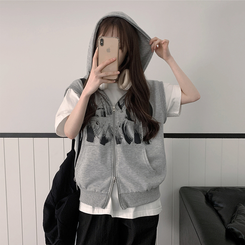 プリンティングフードジップアップベスト GREY