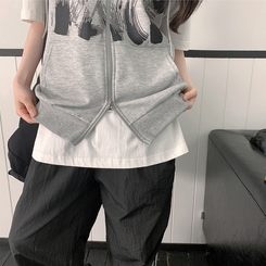 プリンティングフードジップアップベスト GREY