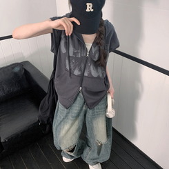 プリンティングフードジップアップベスト CHARCOAL