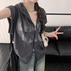 プリンティングフードジップアップベスト CHARCOAL