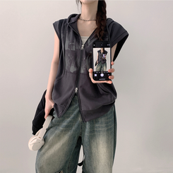 プリンティングフードジップアップベスト CHARCOAL