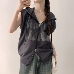 プリンティングフードジップアップベスト CHARCOAL