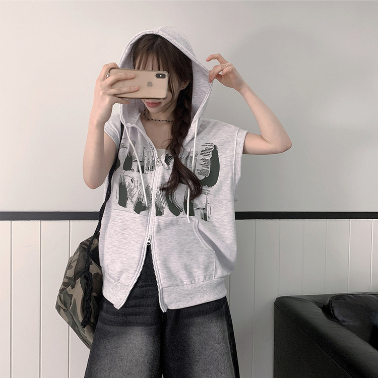 プリンティングフードジップアップベスト MELANGE WHITE